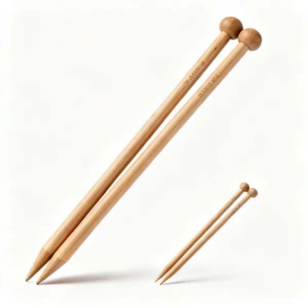 Jumbo needles: A pair of very large jumbo wooden knitting needles beside a normal pair