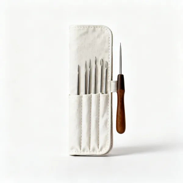 Needle case: A fabric knitting needle roll case with pockets holding several pairs
