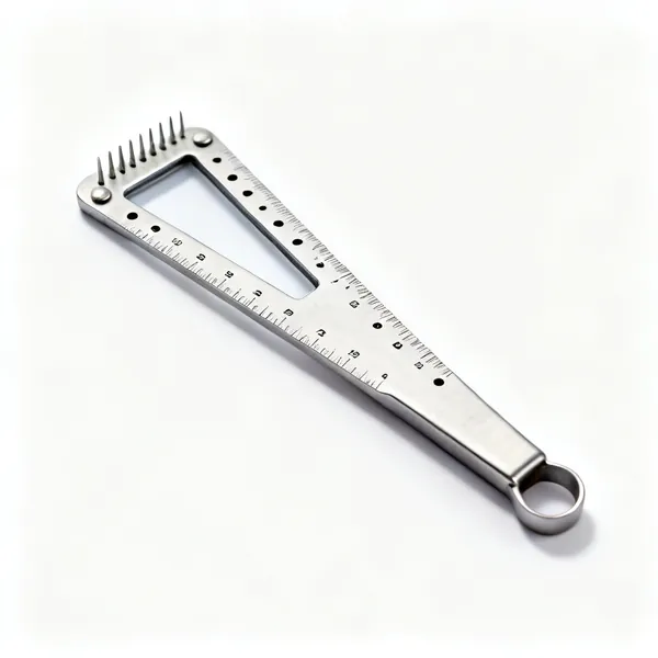 A flat metal needle gauge with graduated sizing holes and a measuring window
