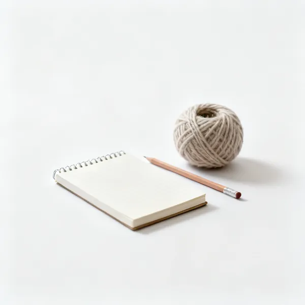 Project notes: A small notebook and pencil beside a ball of yarn