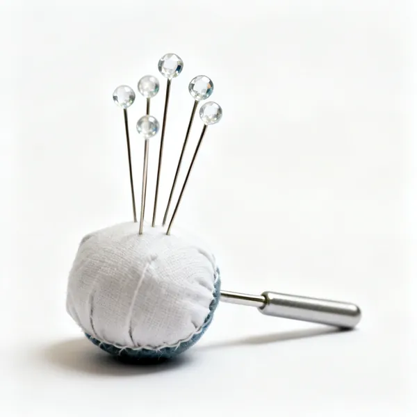 Several long glass headed sewing pins in a pincushion