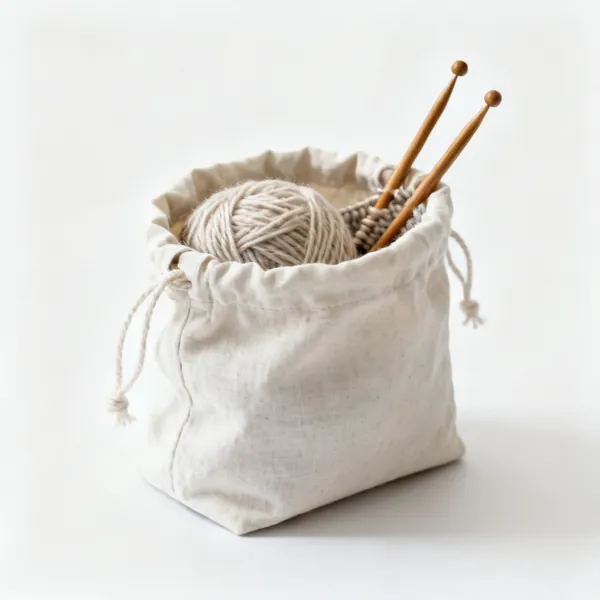 A fabric drawstring project bag with yarn and knitting needles inside