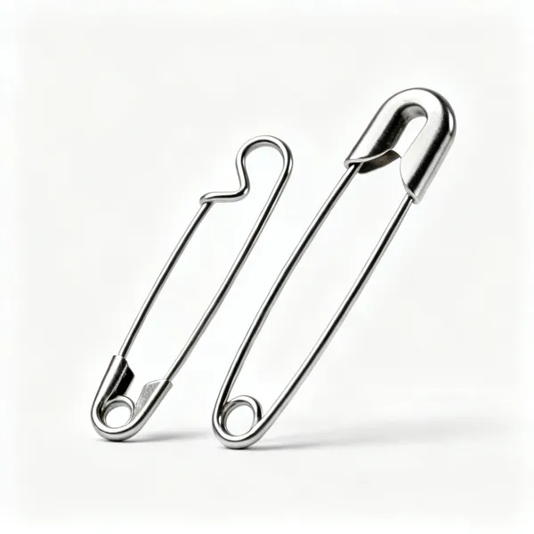 Two large metal knitting stitch holders shaped like oversized safety pins