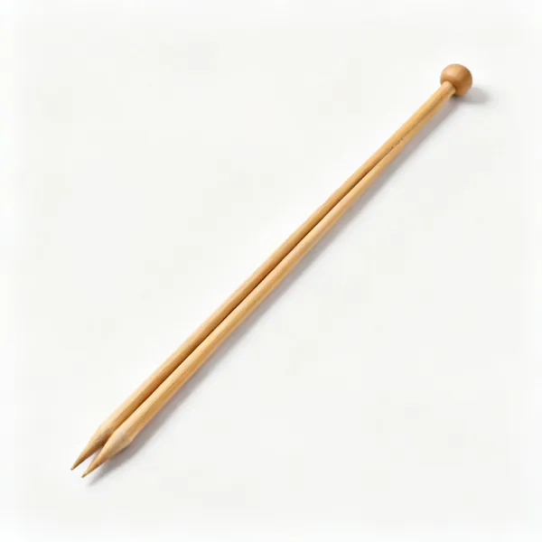 Straight needles: A pair of straight bamboo knitting needles with rounded end stops