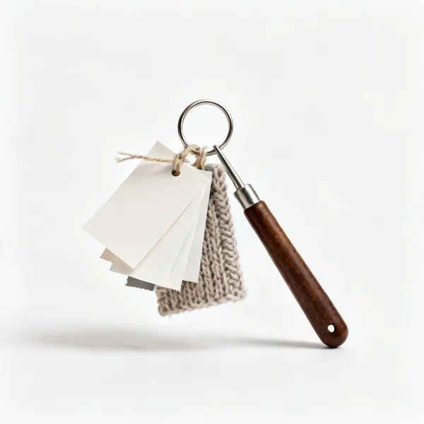 Several small paper swatch tags tied to knitted samples on a ring