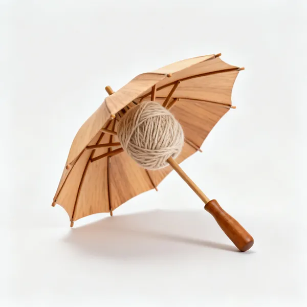 A wooden umbrella yarn swift open with a hank of yarn on it
