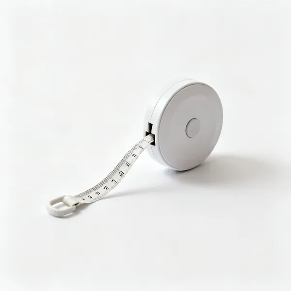A retractable fabric tape measure partly extended from a round case