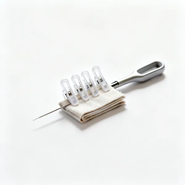 Binding clips: Several small plastic sewing clips gripping a short folded strip of fabric binding, centred with clear space at every edge