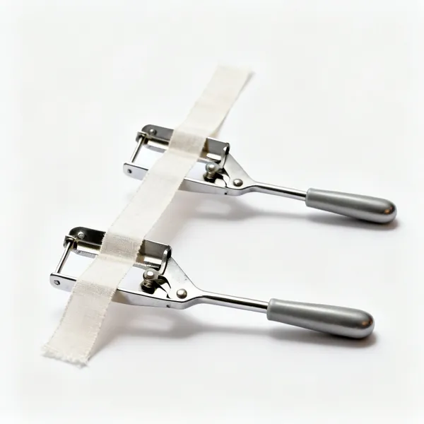 Two metal bias tape makers with fabric strips being drawn through