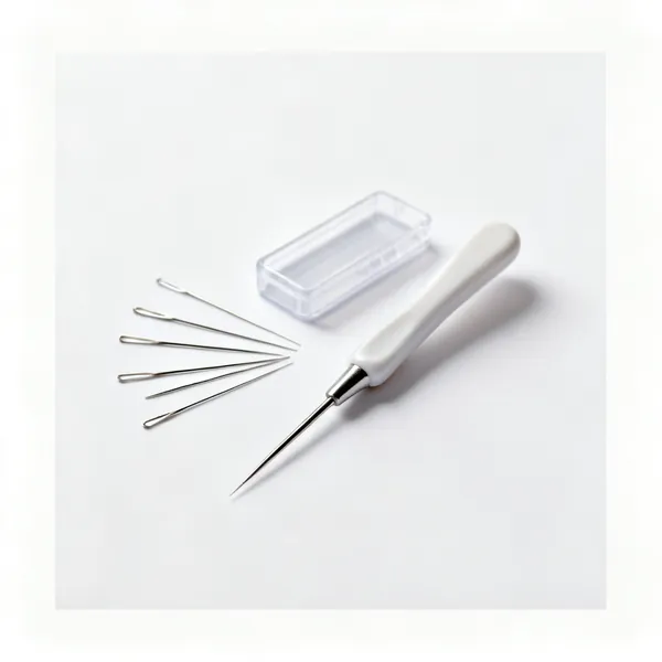 Several hand sewing needles of different lengths beside a needle case
