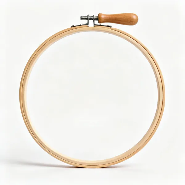 A large round wooden quilting hoop with a tightening screw