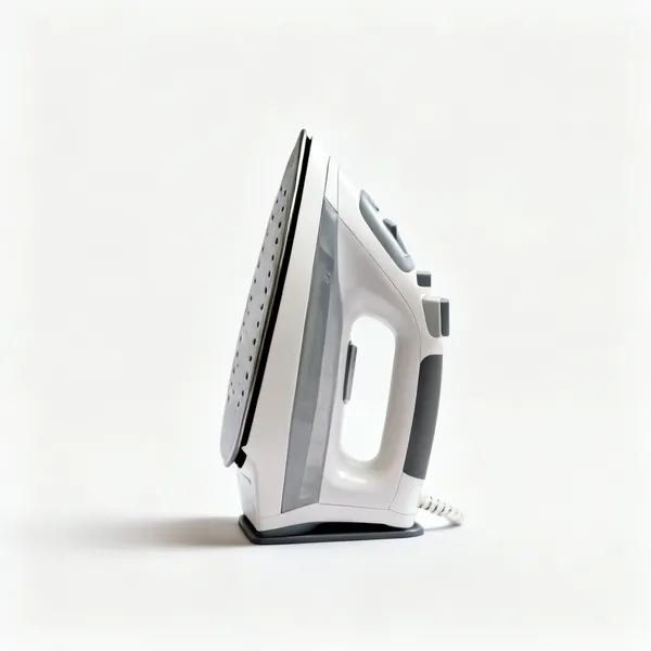 A steam iron standing upright on its heel plate, shown alone with clear space at every edge