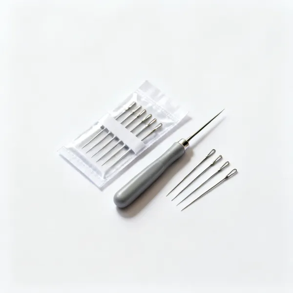 A packet of sewing machine needles with several needles beside it