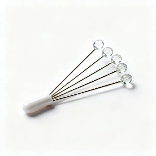 Fine pins: Several long glass headed fine sewing pins in a pincushion