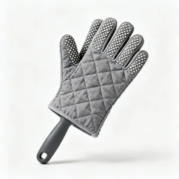 A pair of grey quilting gloves with grippy dotted fingertips