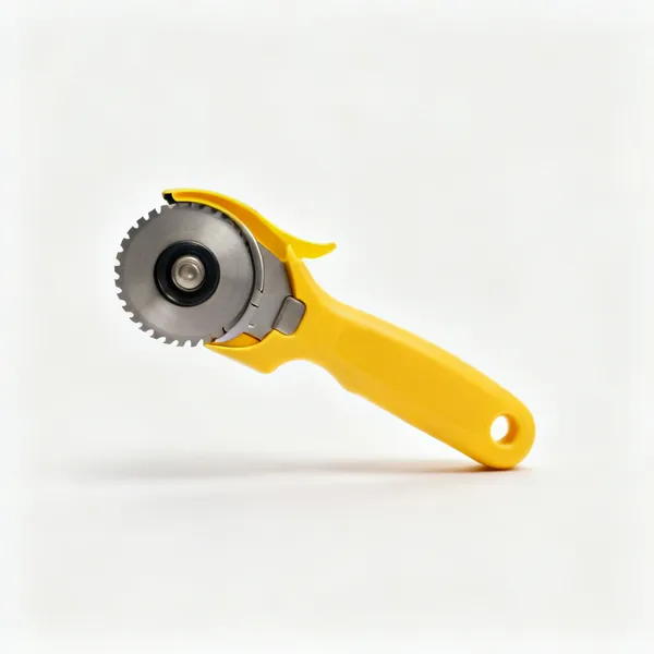 Rotary cutter: A rotary fabric cutter with a round blade, a yellow handle and a safety guard