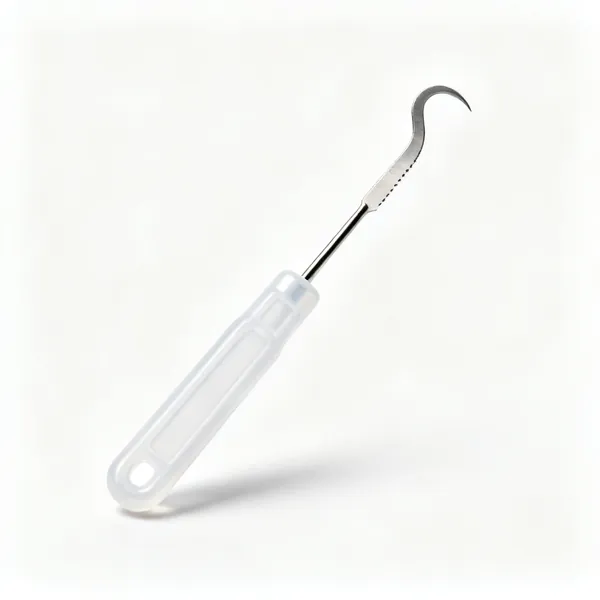 A small seam ripper with a hooked blade and a plastic handle