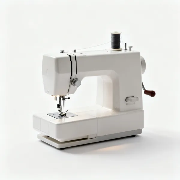 A domestic sewing machine with a needle, presser foot and thread spool