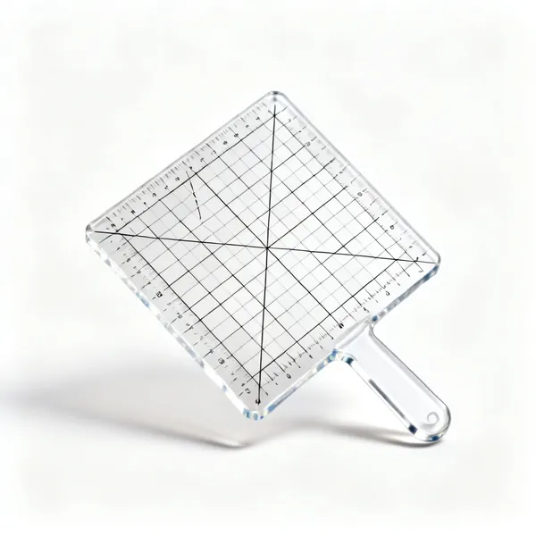 Square ruler: A clear acrylic square quilting ruler with printed grid lines and diagonal marks