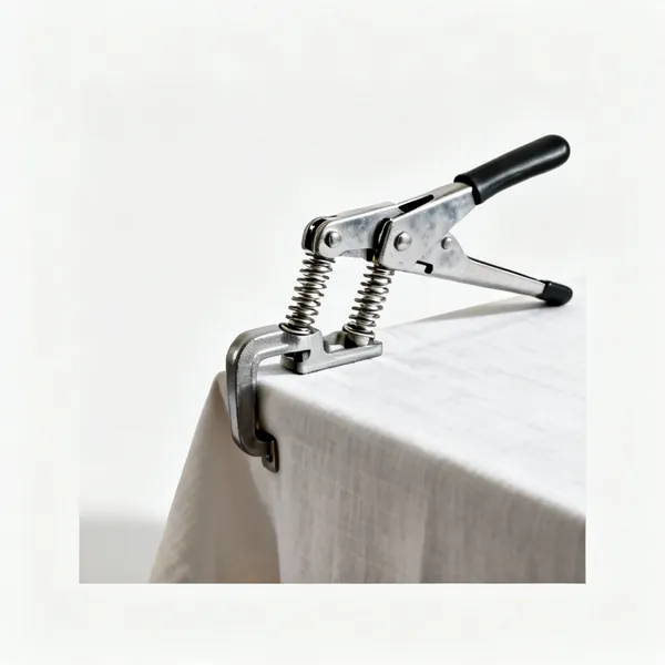 Backing clamps: Two metal spring clamps gripping the edge of a table with fabric