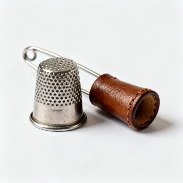 A metal dimpled sewing thimble beside a leather one