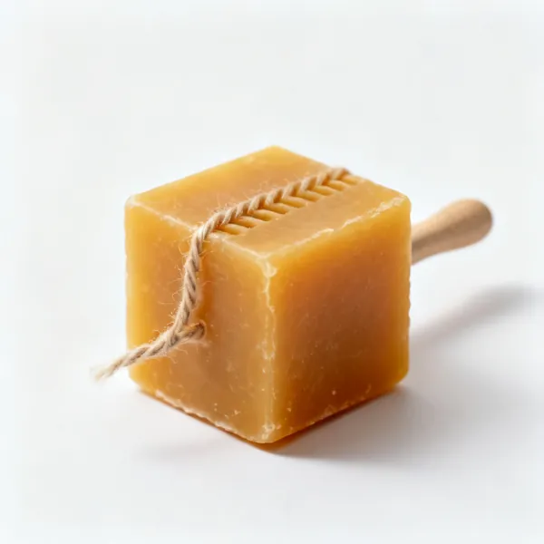 A small block of natural beeswax with a thread groove worn in it