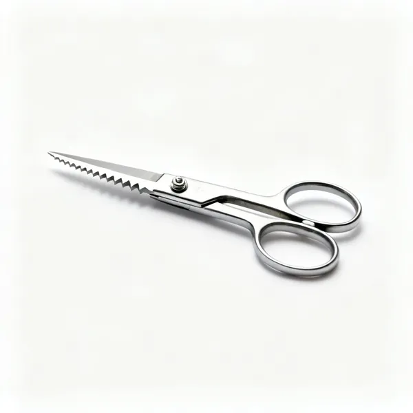 A pair of buttonhole scissors with a notched blade and an adjustment screw