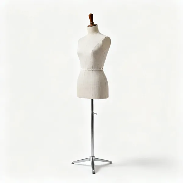 A fabric covered adjustable dress form mannequin on a metal stand