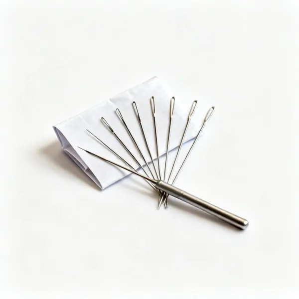 Hand needles: A small fan of hand sewing needles of different lengths with a folded paper packet behind them, centred with clear space at every edge