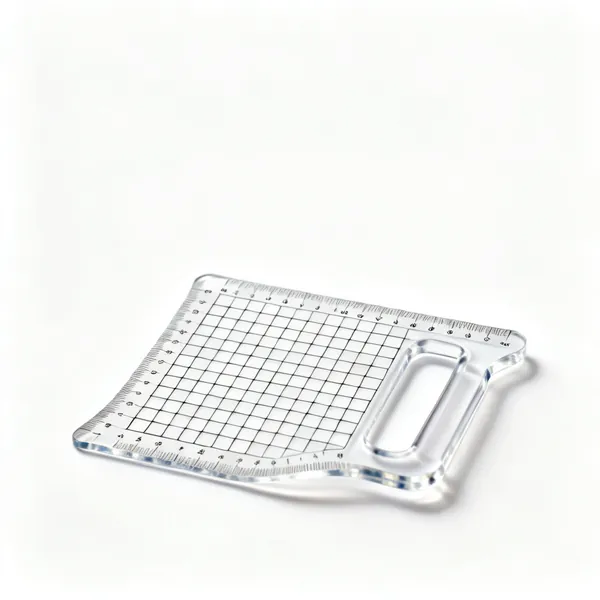 A clear plastic pattern master ruler with curved edges and a printed grid