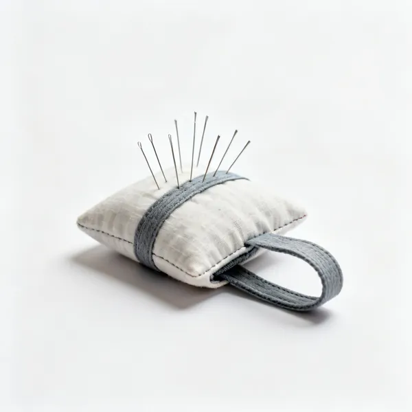 A fabric wrist pincushion with an elastic strap and pins in it