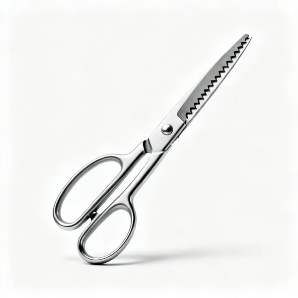 A pair of pinking shears with zigzag serrated blades