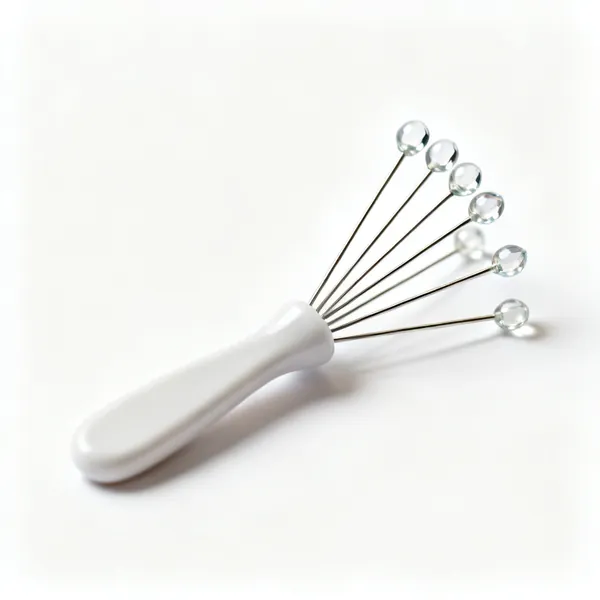Fine pins: Several long glass headed fine sewing pins in a pincushion