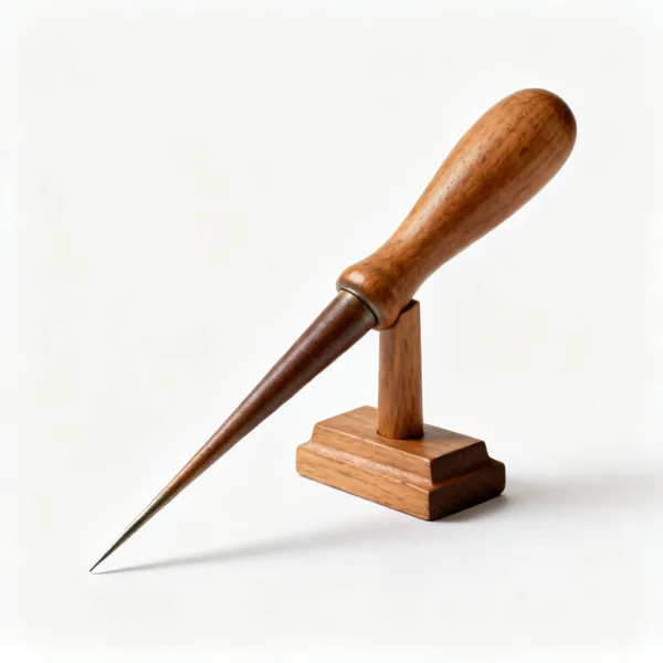 A wooden point presser with a narrow tapered end and a clapper base