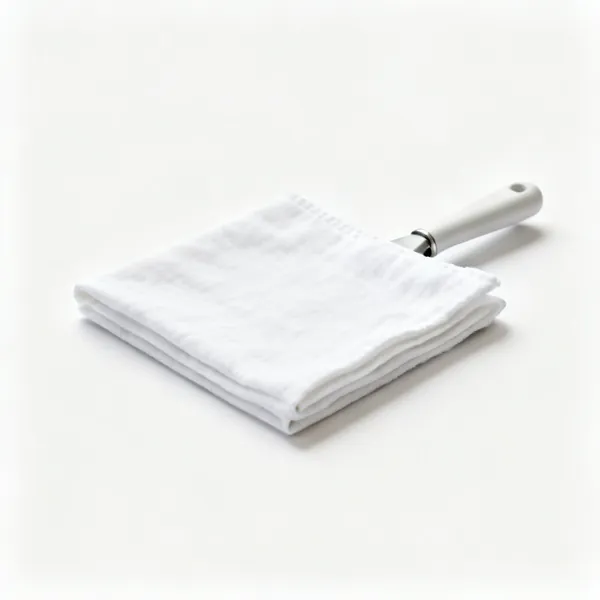 A folded square of white cotton pressing cloth