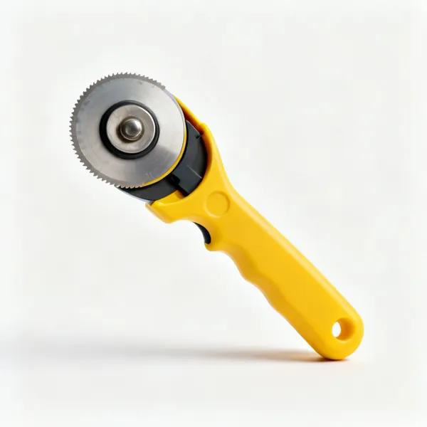 Rotary cutter: A rotary fabric cutter with a round blade and a yellow handle