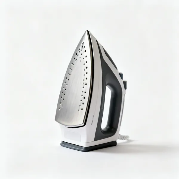A steam iron with a pointed sole plate standing upright on its heel, shown alone with clear space at every edge