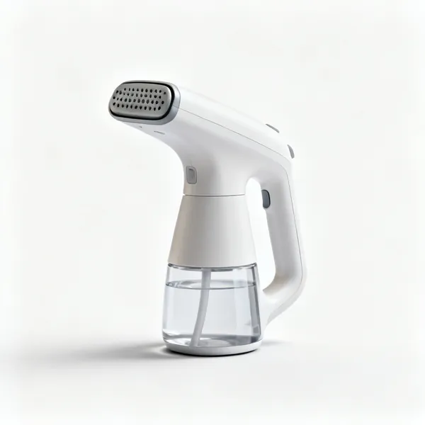 A handheld garment steamer with a nozzle and a water tank