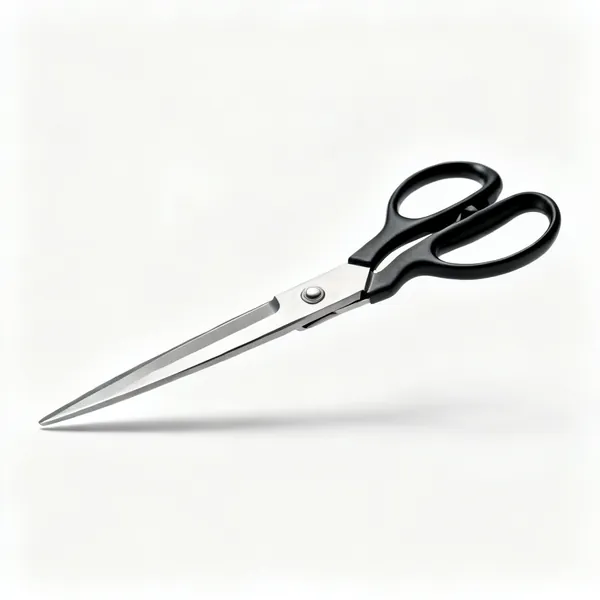 A pair of large tailor's shears with offset black handles and long steel blades