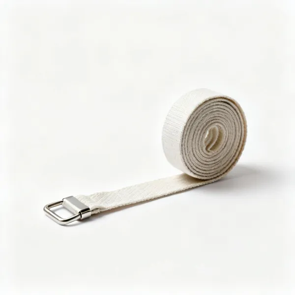 A flexible fabric tape measure loosely coiled with metal end tips