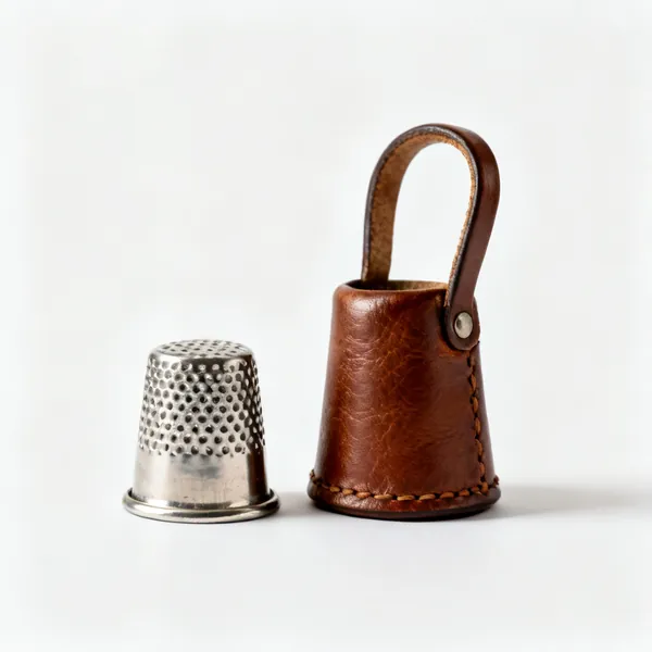 A metal dimpled tailor's thimble beside a leather one