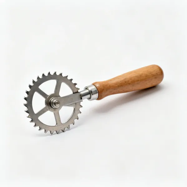 A tracing wheel with a serrated metal wheel and a wooden handle