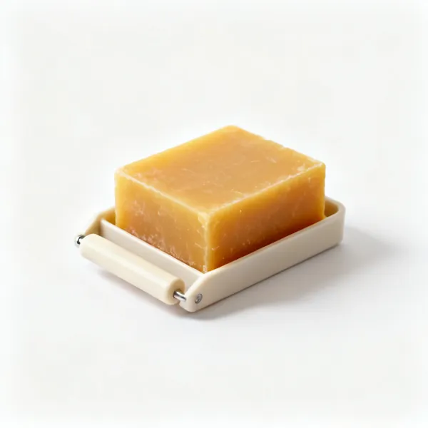 A block of beeswax thread conditioner in a holder