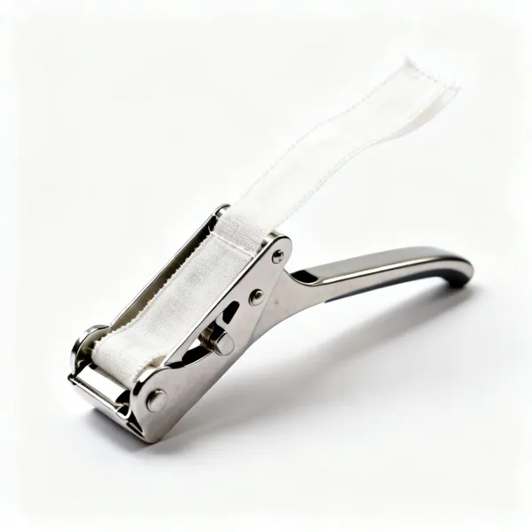 A metal bias tape maker with fabric feeding through
