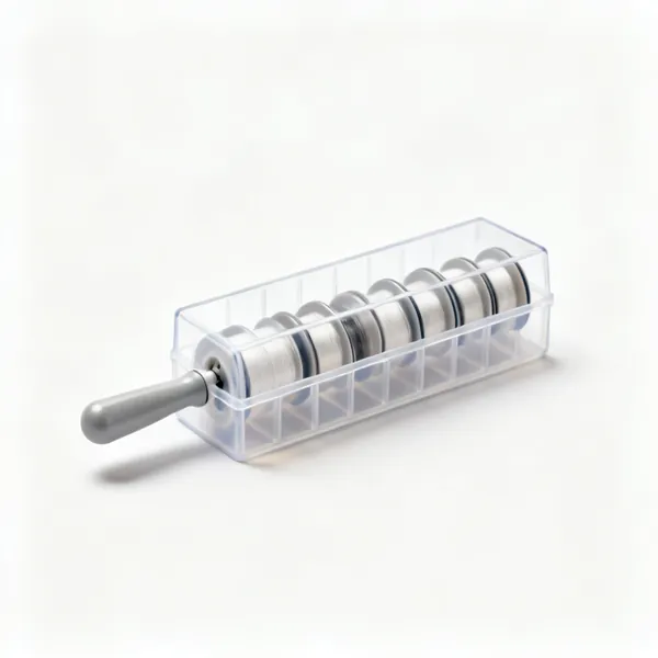 Bobbin box: A plastic bobbin storage box with bobbins