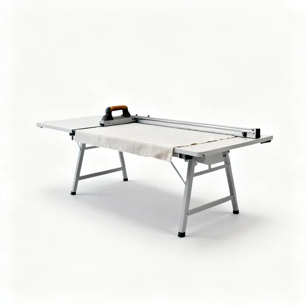 A large flat cutting table with fabric on it