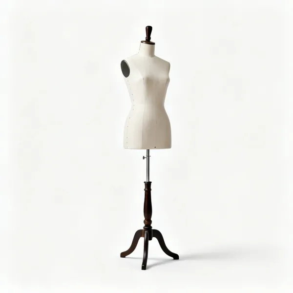 An adjustable dressmaker's dress form on a stand