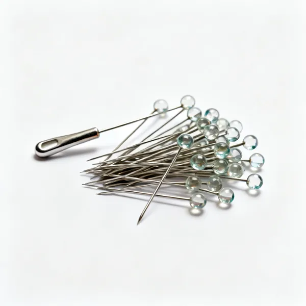 Dressmaker's pins: A pile of dressmaker's steel pins with glass heads