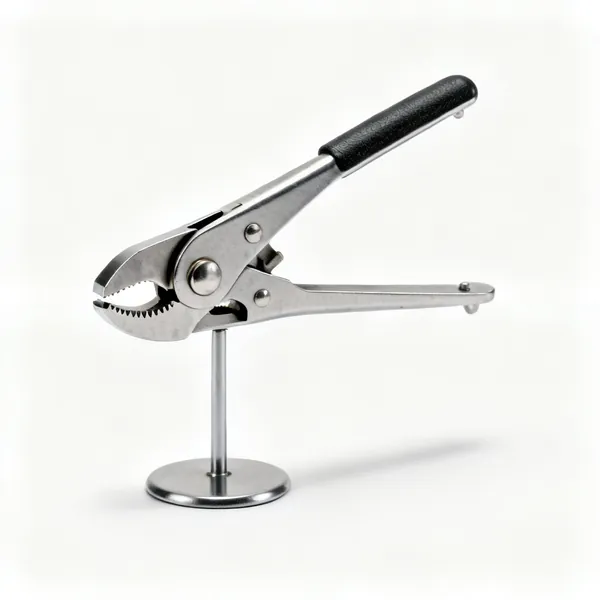 Hem gauge: A metal hem marking gauge on a stand