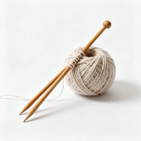 A pair of wooden knitting needles with yarn